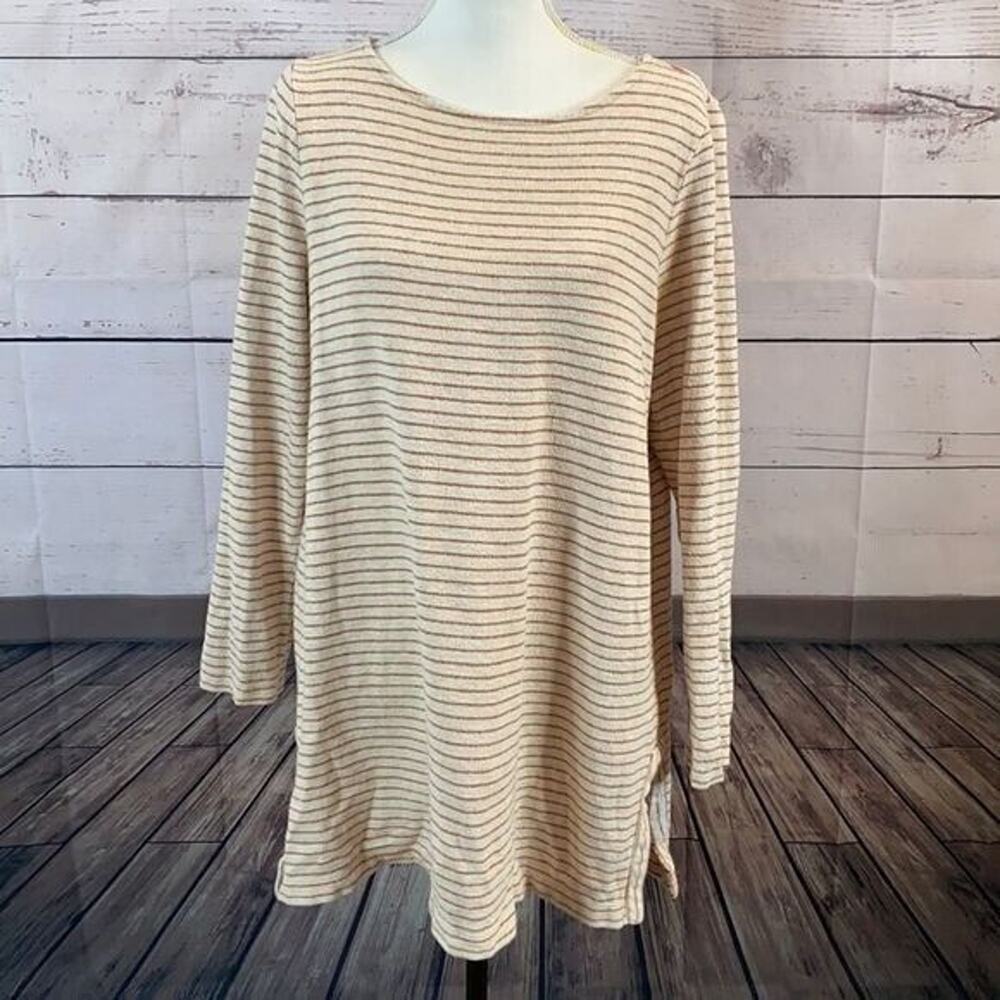 J Jill Top Shirt Womens Large Beige Knit Terry‎ Cloth Striped Casual Boxy